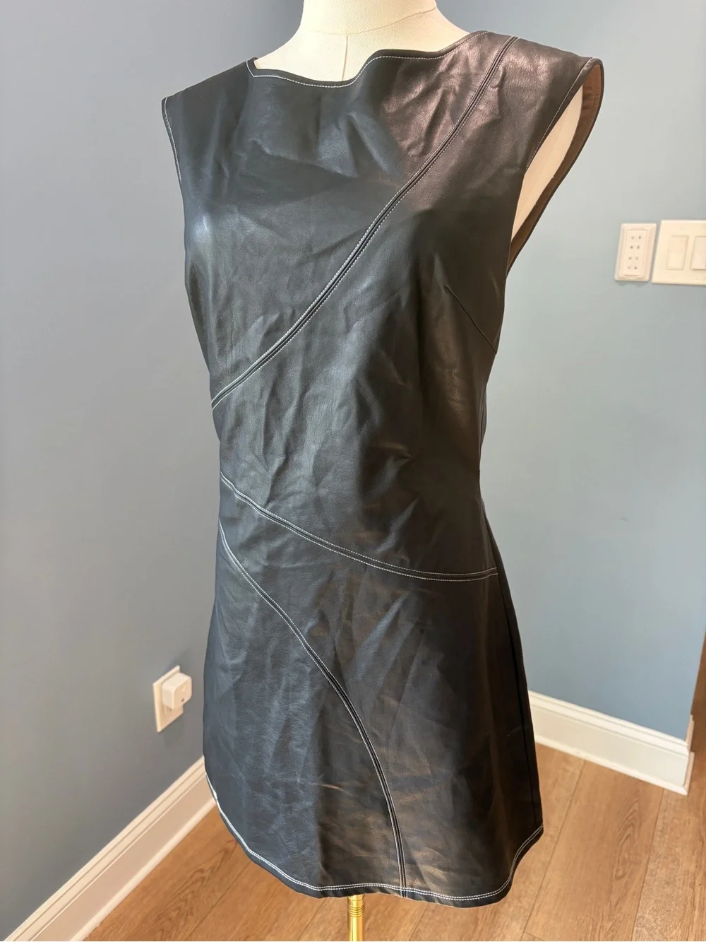 Free People Black Faux Leather Open Back Mini Dress Contrast Stitching Small
